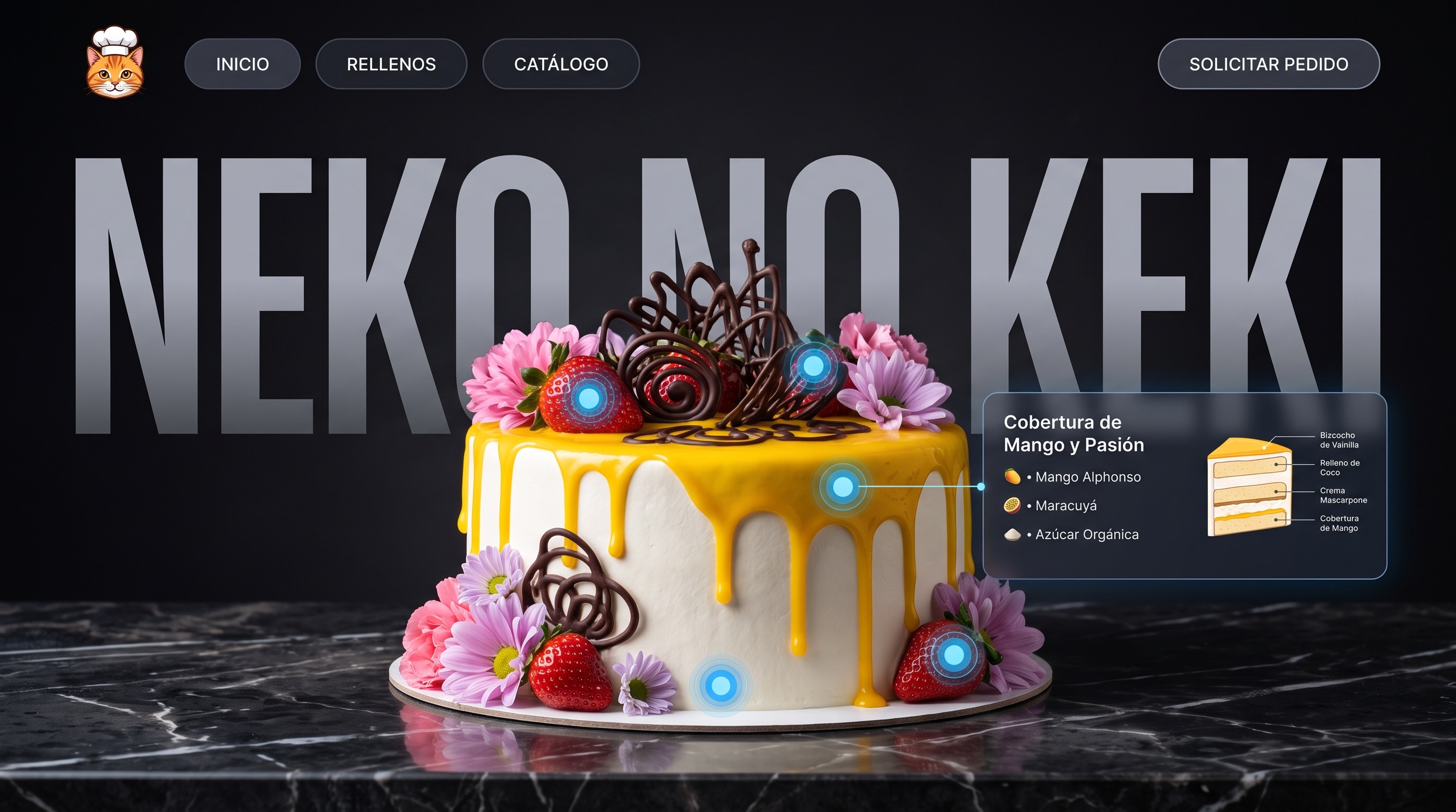 Neko no Keki - Torta Artesanal de Autor con Cobertura de Mango y Escultura de Cacao sobre Mesa de Mármol Negro